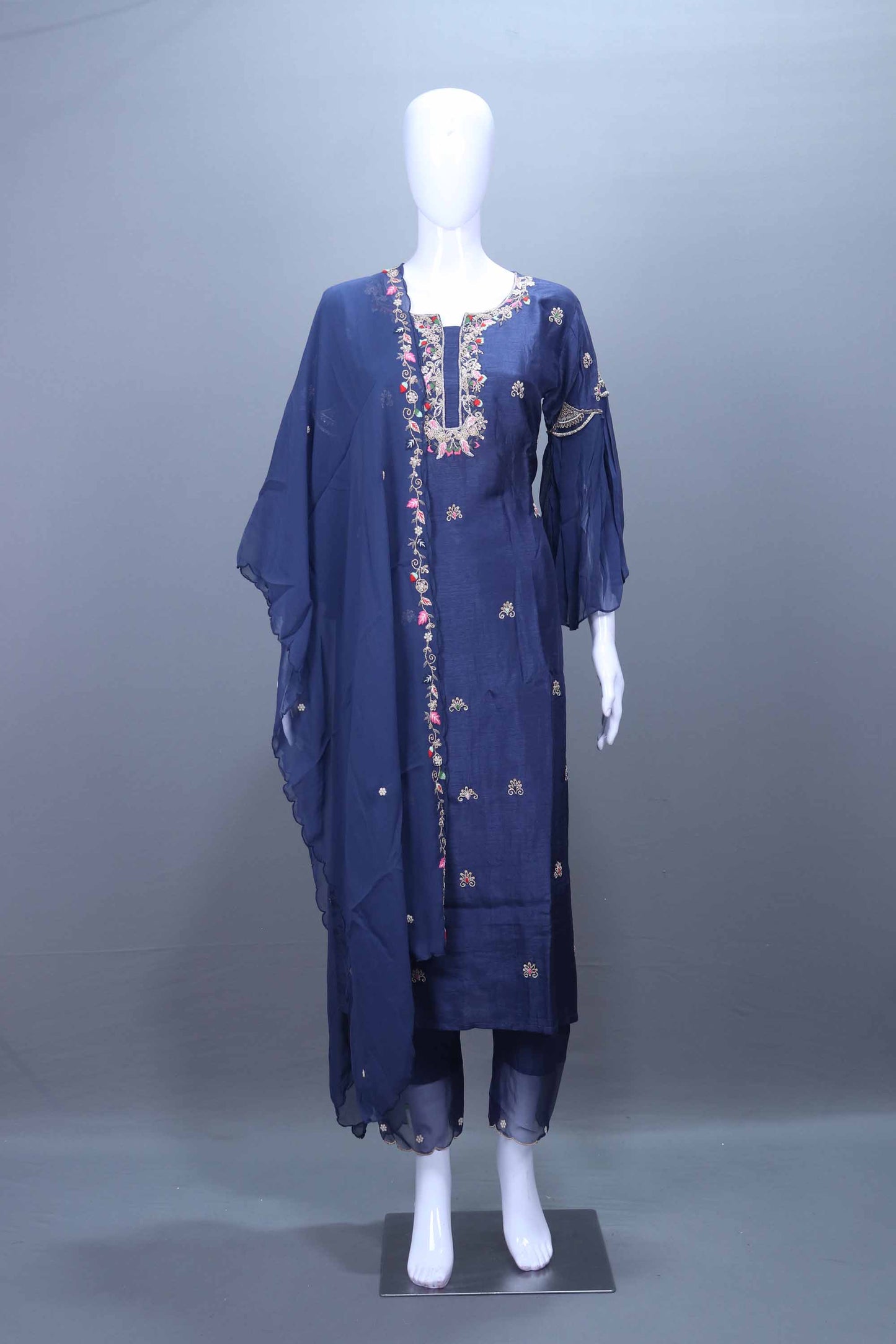 Navy Blue Chiffon Embroidered Kurta Set with Dupatta Festive Wear Suit