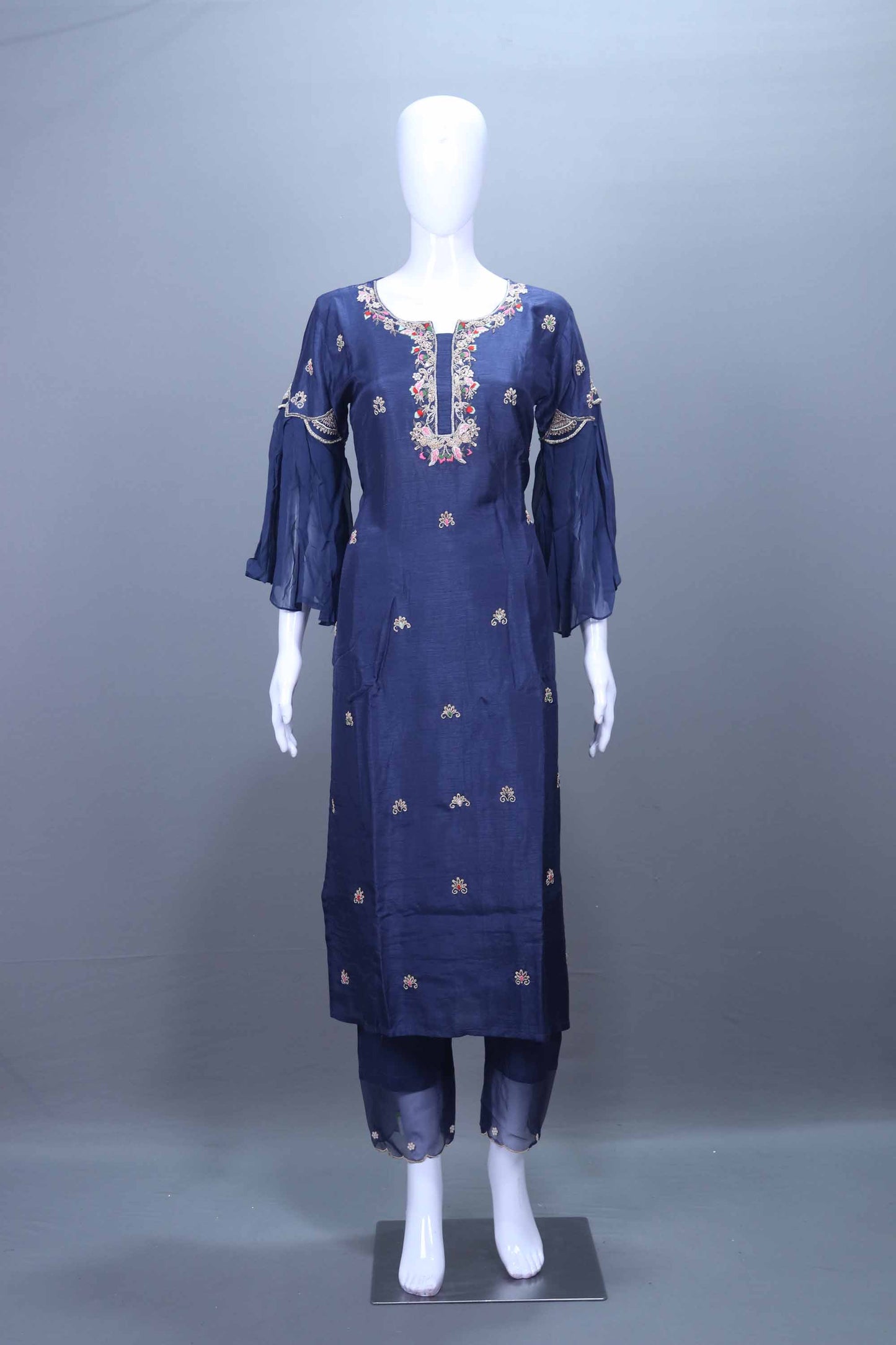 Navy Blue Chiffon Embroidered Kurta Set with Dupatta Festive Wear Suit