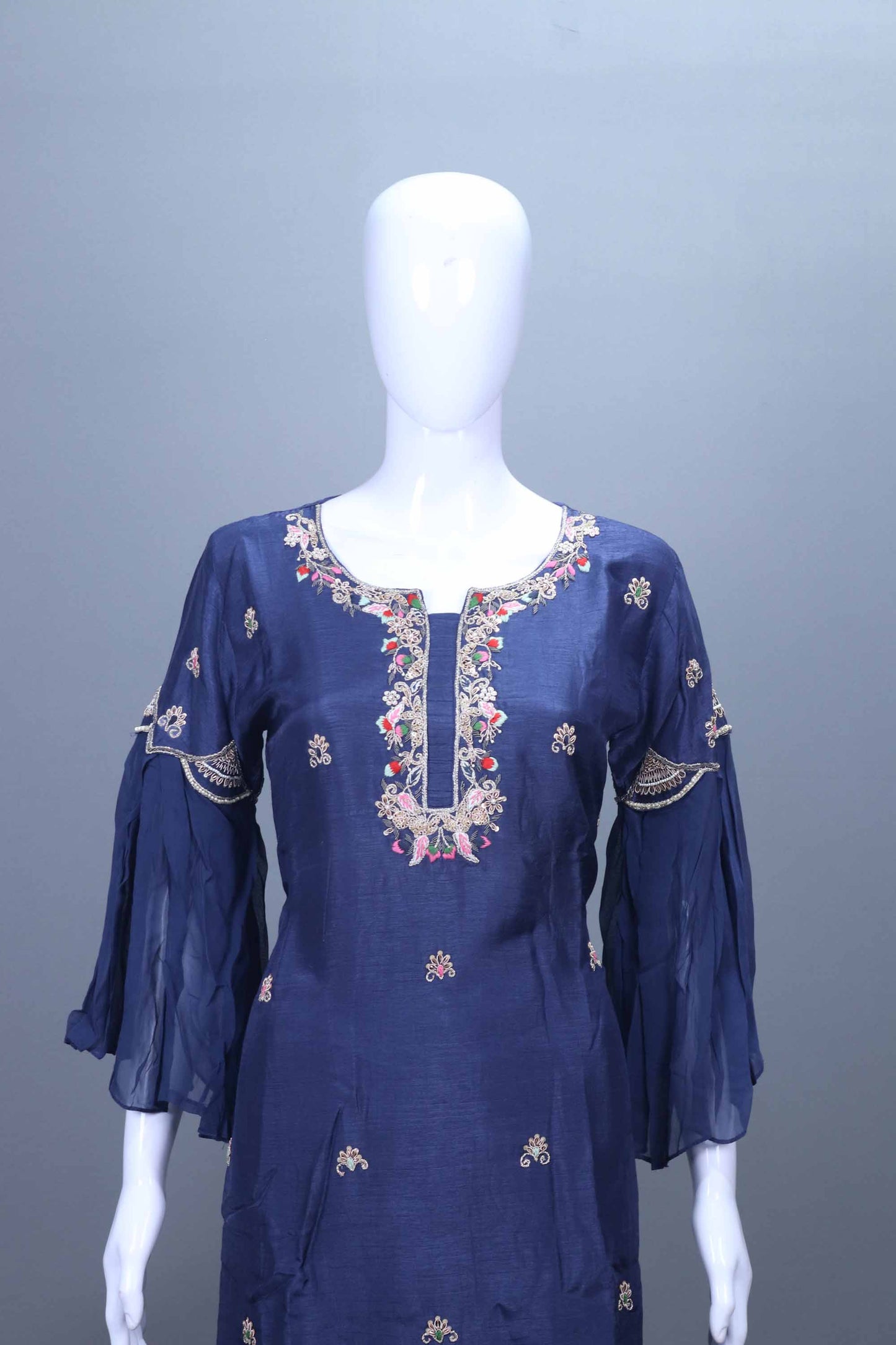Navy Blue Chiffon Embroidered Kurta Set with Dupatta Festive Wear Suit