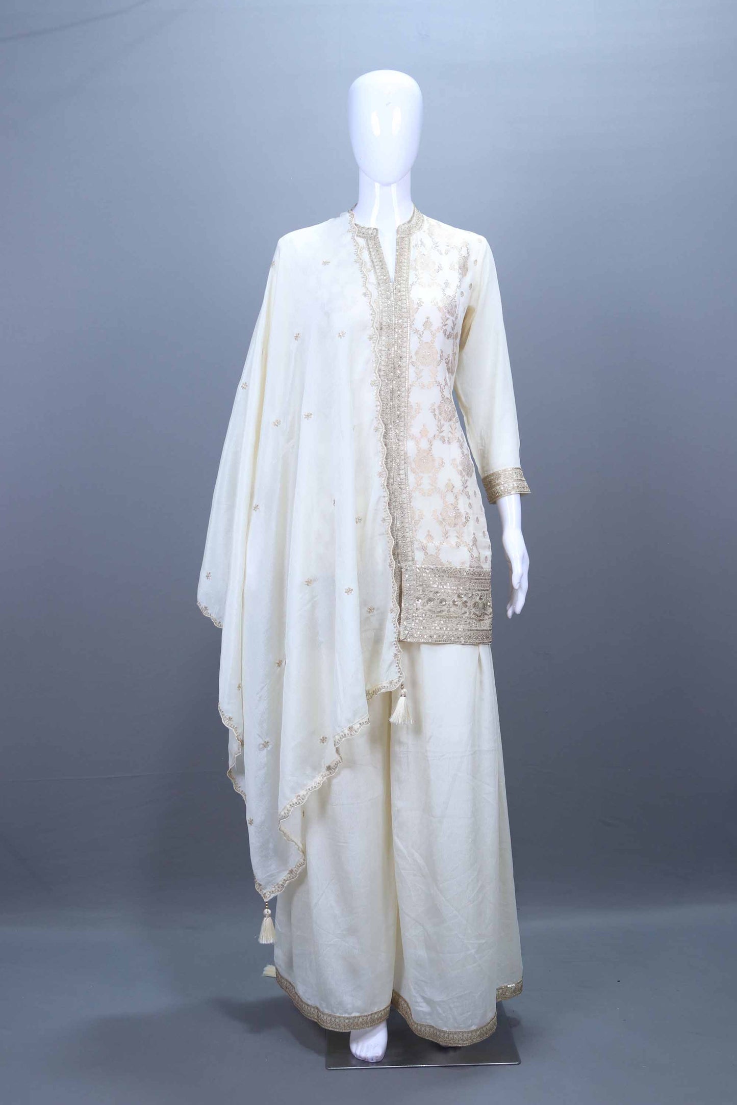 Off-White Embroidered Kurta Sharara Set with Dupatta