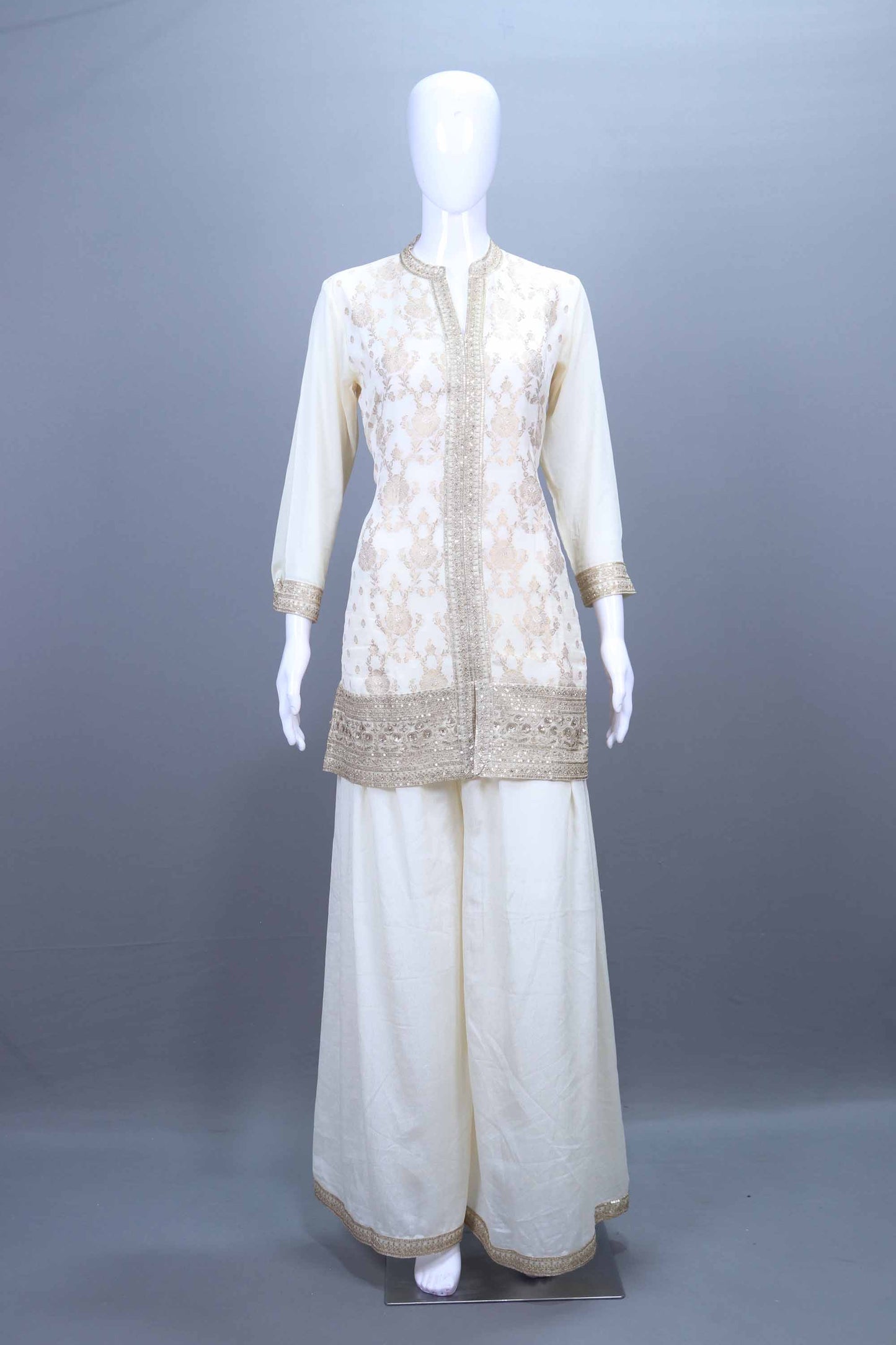 Off-White Embroidered Kurta Sharara Set with Dupatta