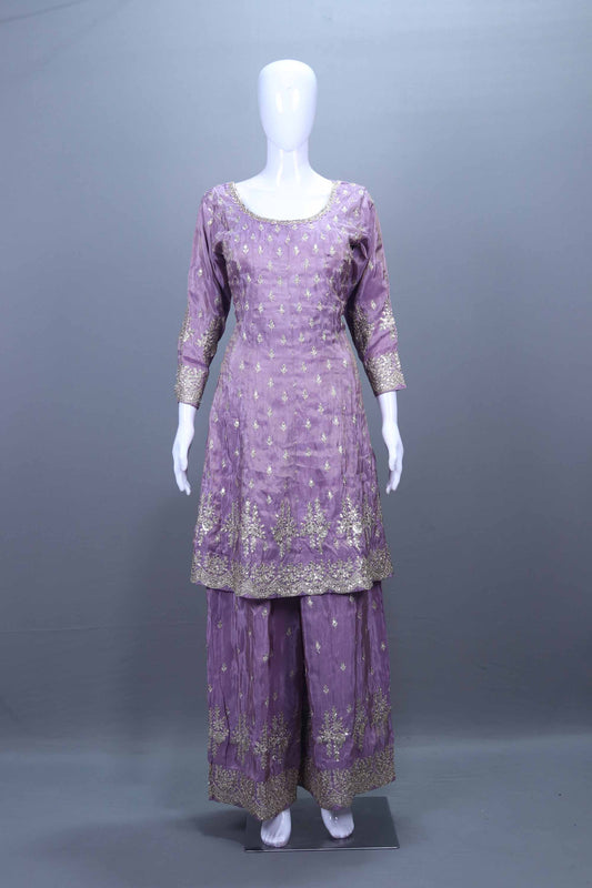 Designer Lavender Embroidered Kurta Sharara Set with Dupatta Party Wear