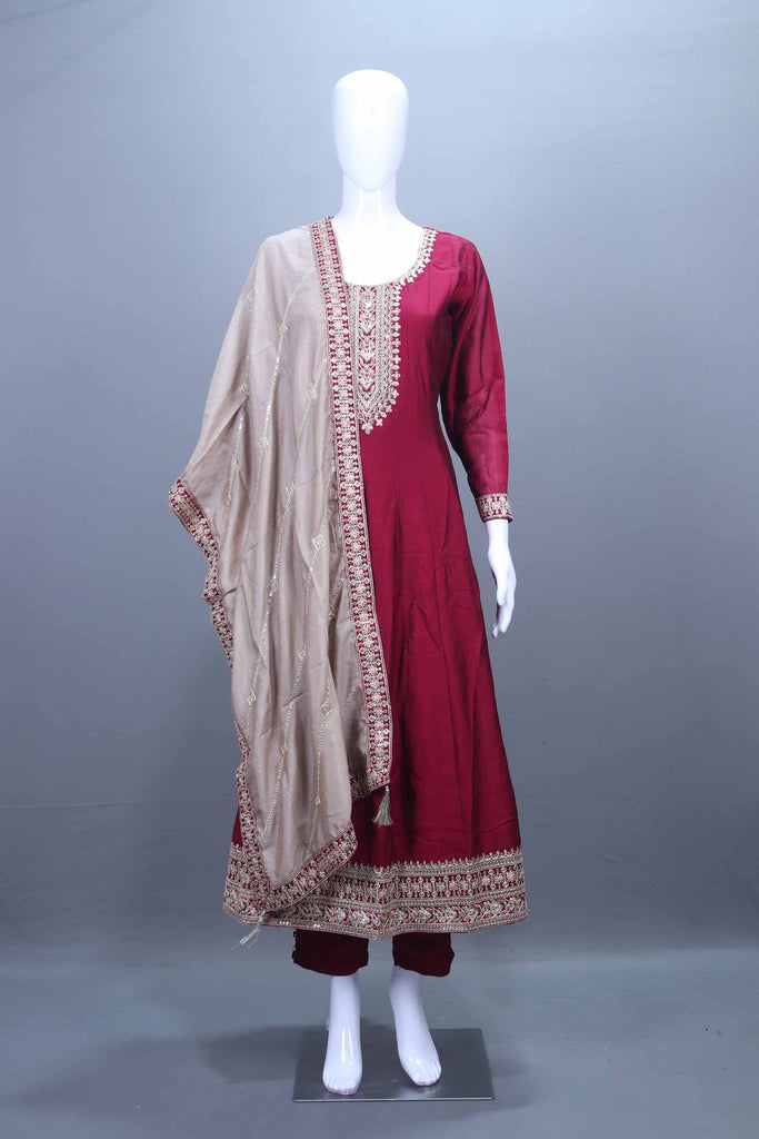 Maroon Silk Kurta Set with Beige Dupatta Festive Wear Suit