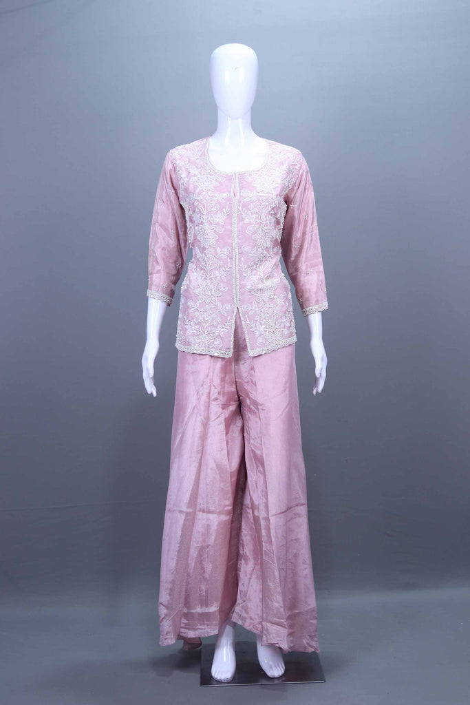 Pink Embroidered Silk Kurta Palazzo Set Party Wear Ethnic Suit