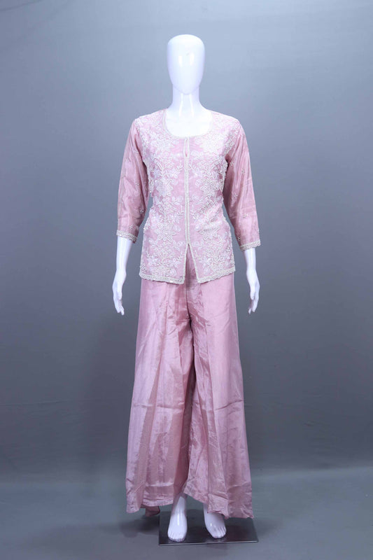 Pink Embroidered Silk Kurta Palazzo Set Party Wear Ethnic Suit