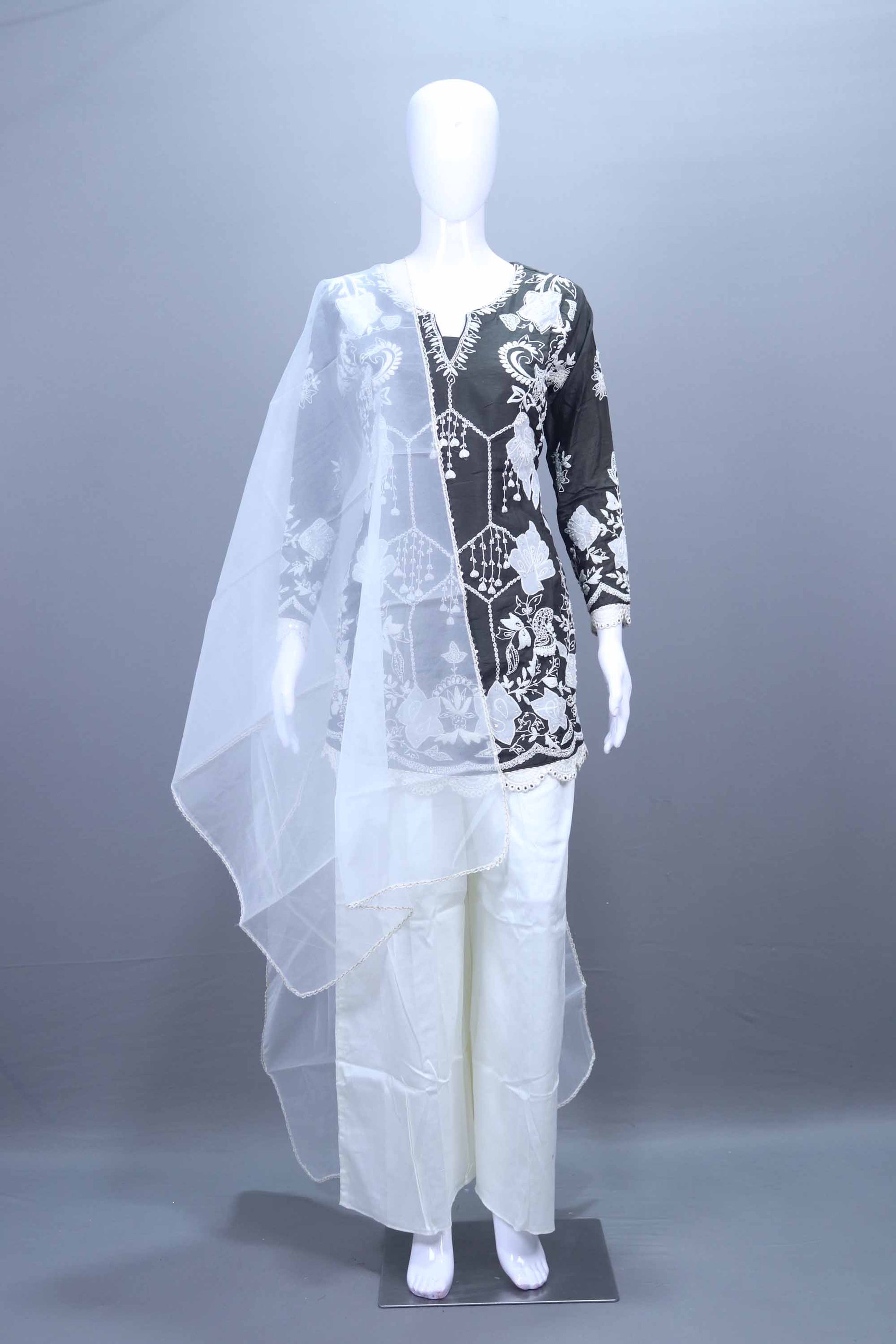 Designer Black Embroidered Kurta Set with Palazzo and Net Dupatta