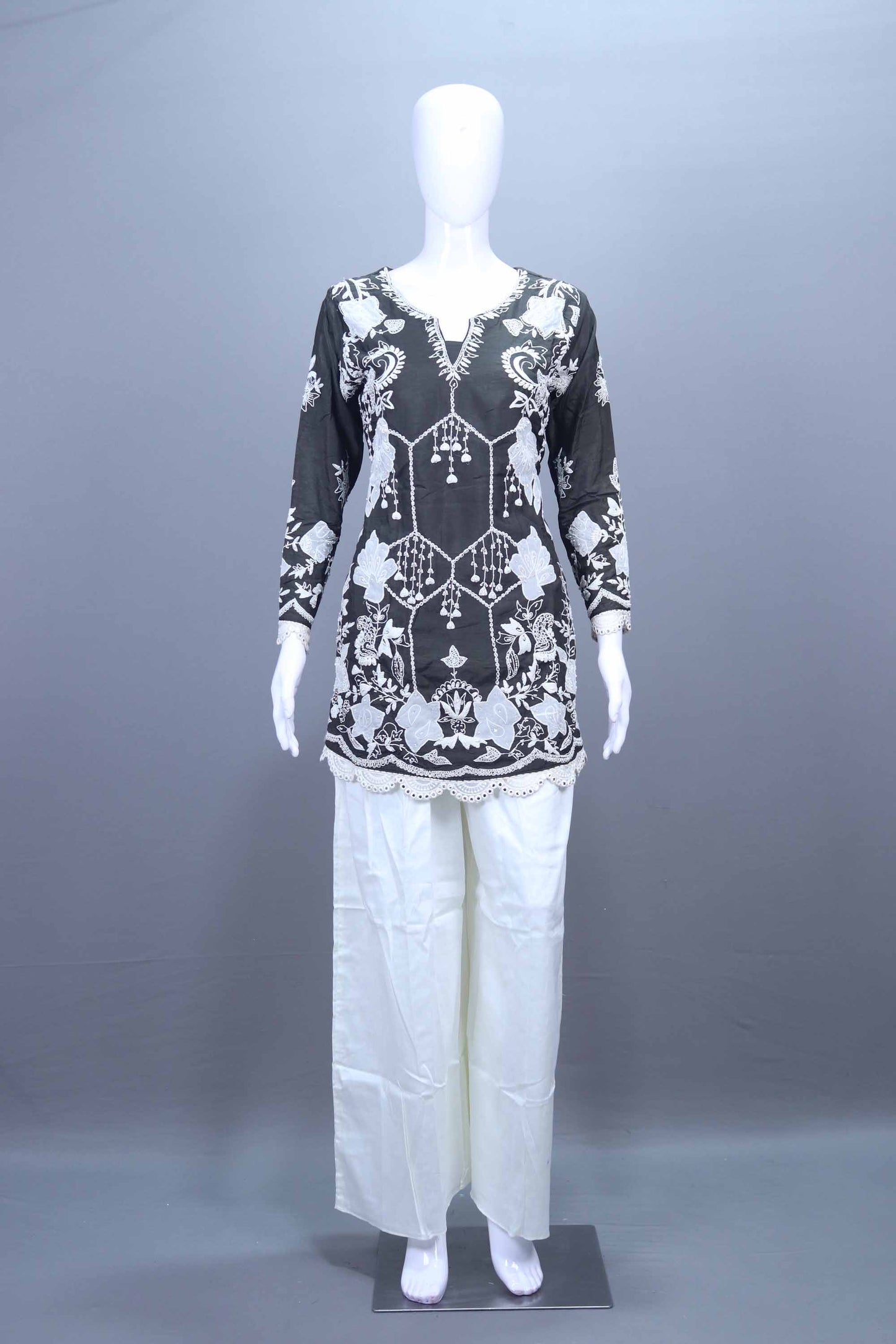 Designer Black Embroidered Kurta Set with Palazzo and Net Dupatta