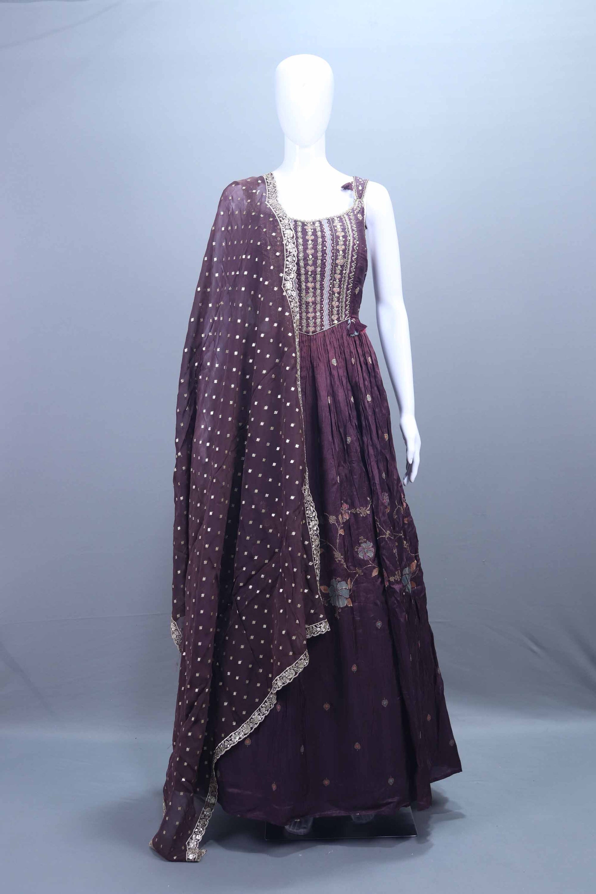 Designer Plum Purple Embroidered Anarkali Gown with Dupatta