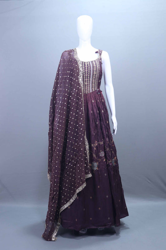 Designer Plum Purple Embroidered Anarkali Gown with Dupatta