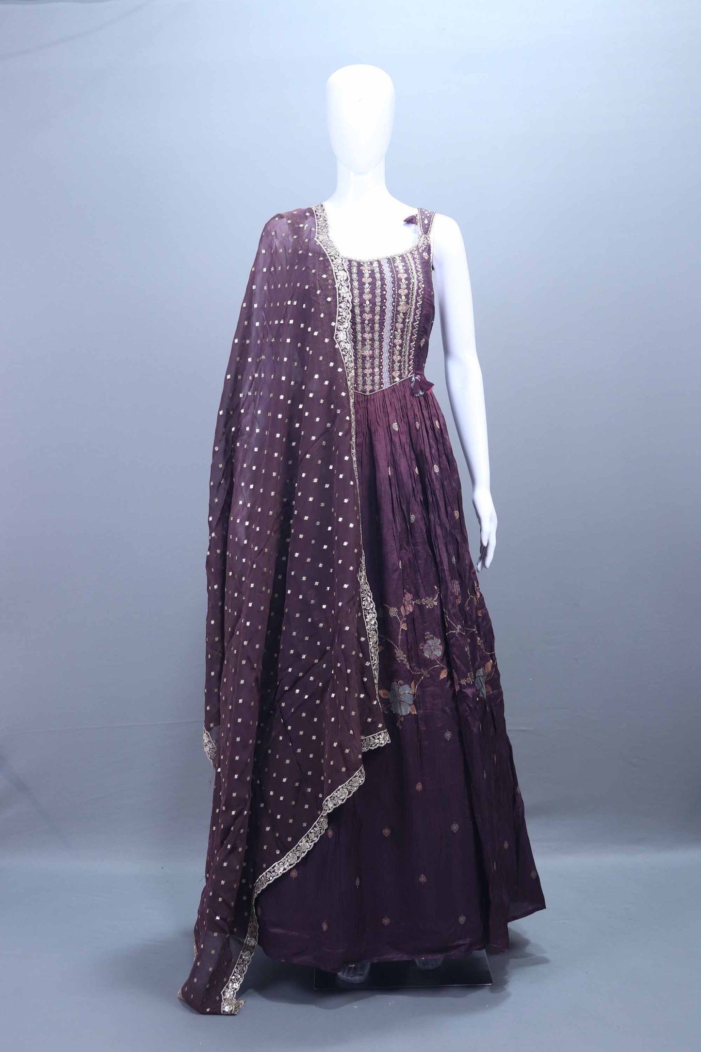 Designer Plum Purple Embroidered Anarkali Gown with Dupatta