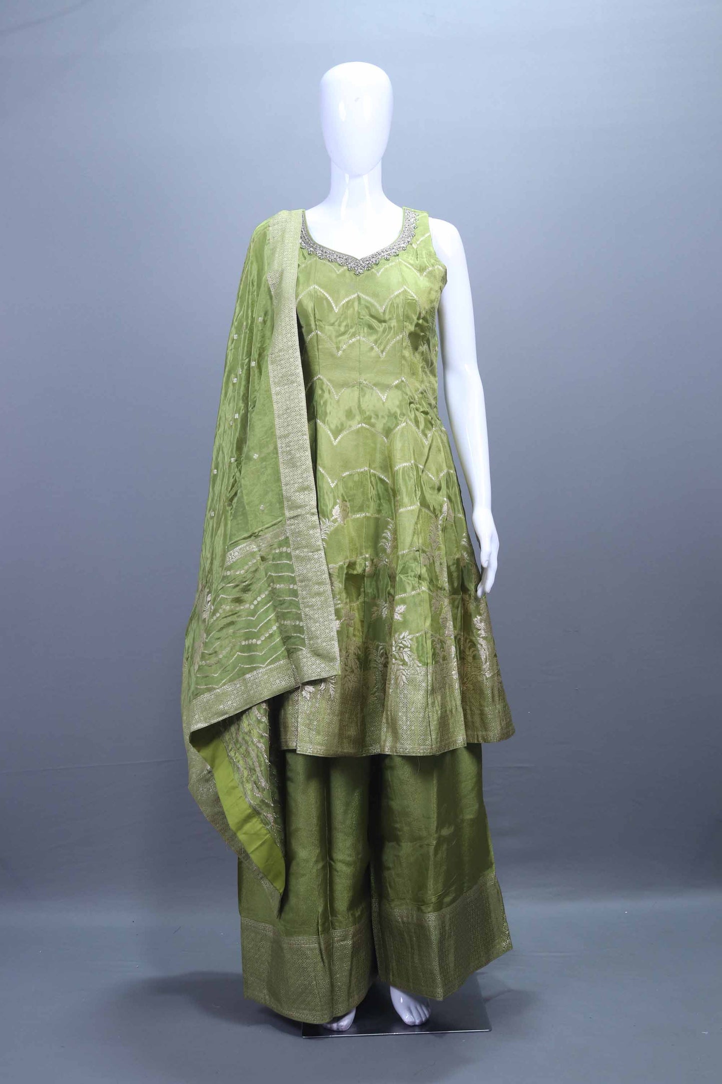 Olive Green Silk Kurta Sharara Set with Zari Matching Dupatta 