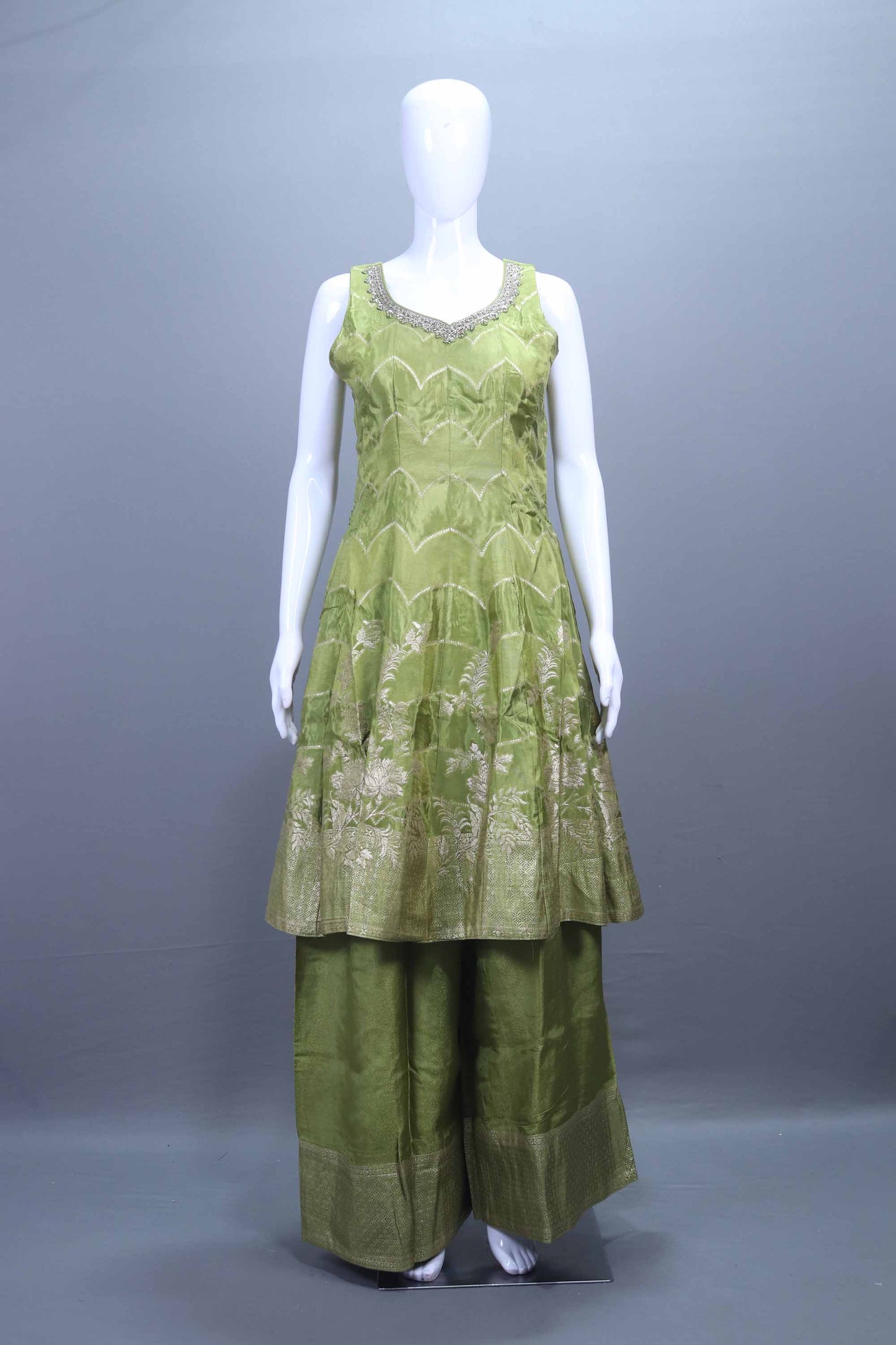 Olive Green Silk Kurta Sharara Set with Zari Matching Dupatta