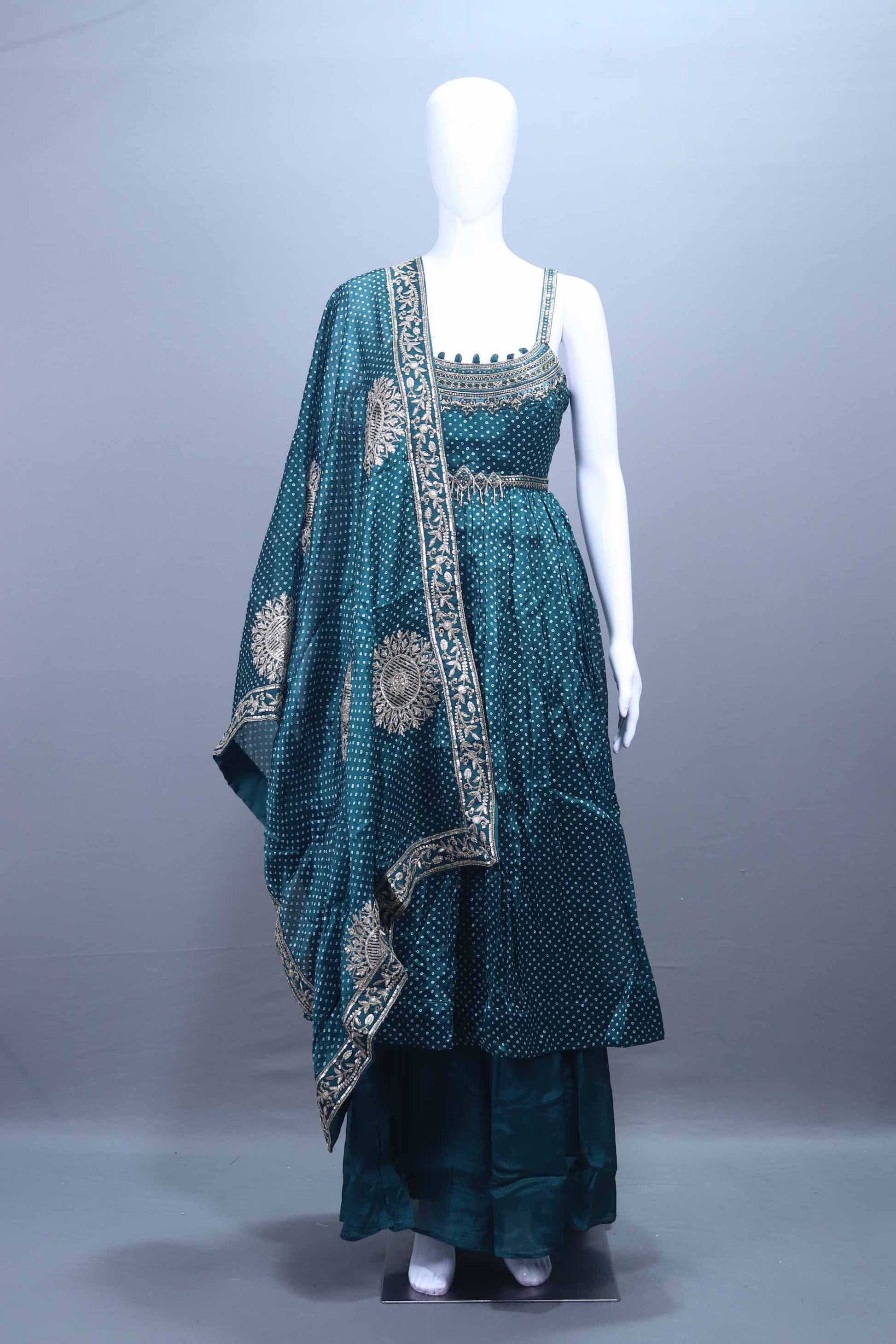 Teal Green Bandhani Kurta Sharara Set And Dupatta Festive Wear 