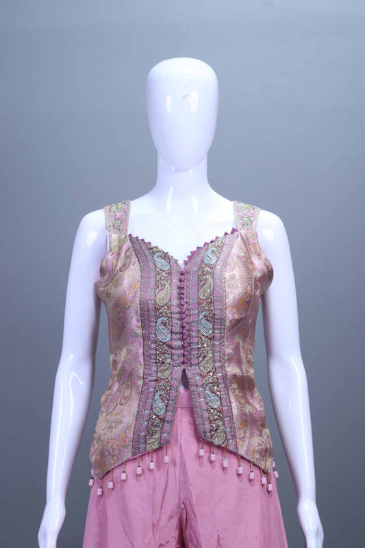 Pink Crop Top and Palazzo Set with Embroidered Jacket