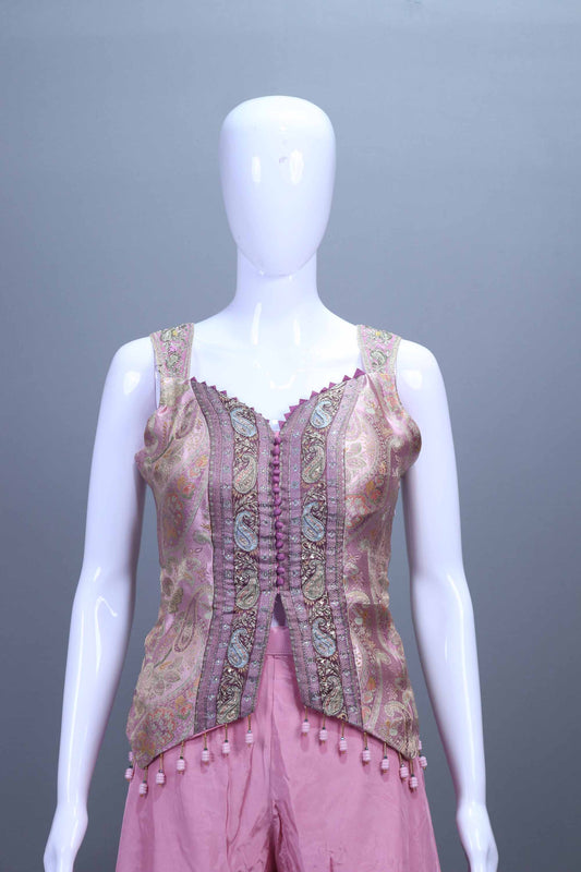 Pink Crop Top and Palazzo Set with Embroidered Jacket