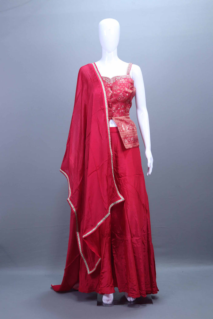 Red Embroidered Crop Top, Palazzo Dupatta Set Festive Wear Outfit
