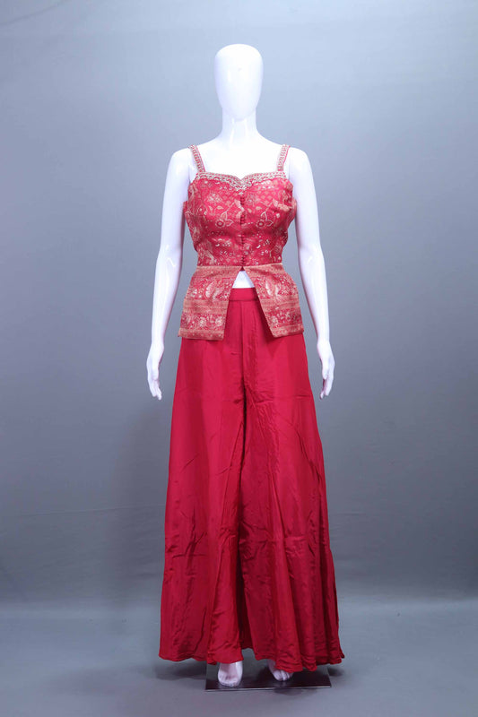 Red Embroidered Crop Top, Palazzo Dupatta Set Festive Wear Outfit