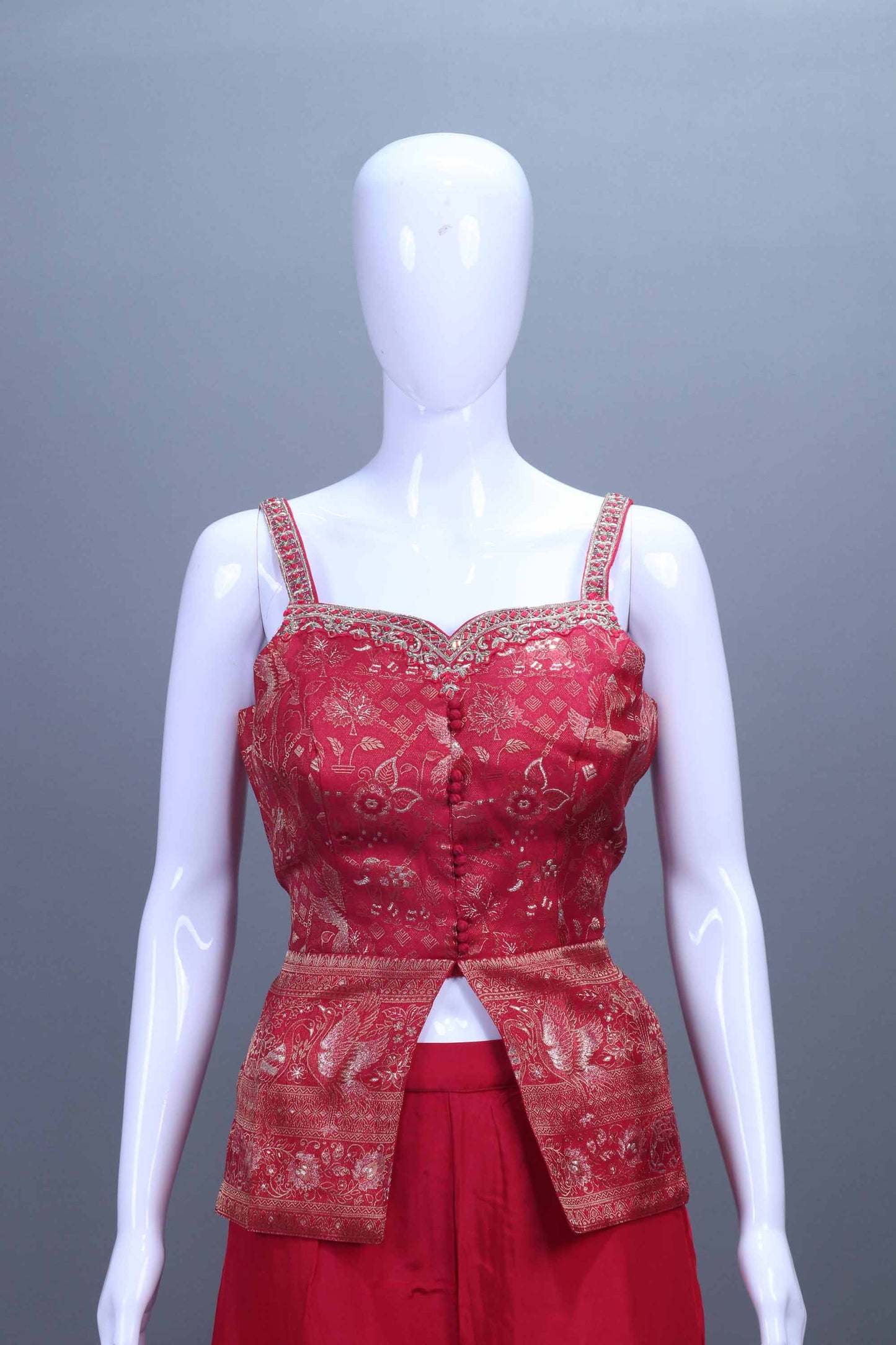 Red Embroidered Crop Top, Palazzo Dupatta Set Festive Wear Outfit
