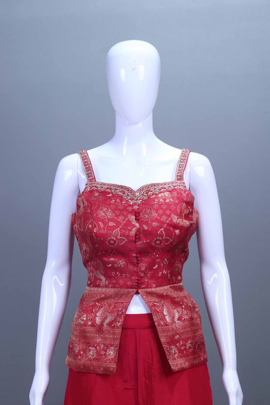 Red Embroidered Crop Top, Palazzo Dupatta Set Festive Wear Outfit