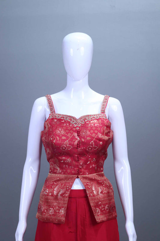 Red Embroidered Crop Top, Palazzo Dupatta Set Festive Wear Outfit