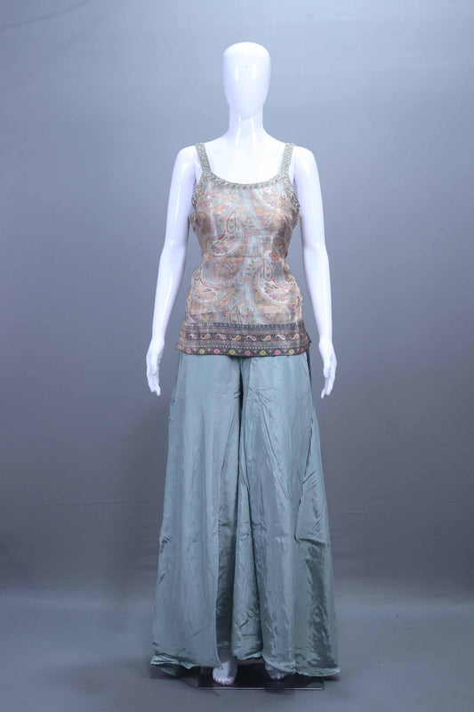 Pastel Green Printed Crop Top with Flared Palazzo Dupatta Set