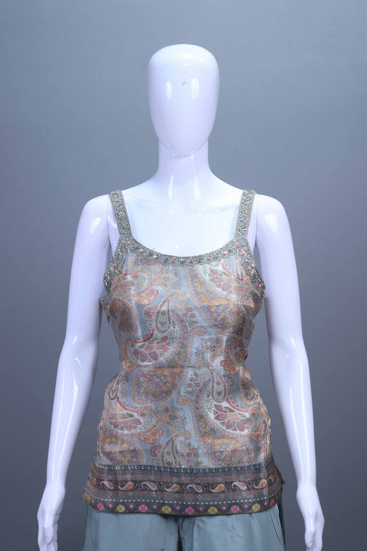 Pastel Green Printed Crop Top with Flared Palazzo Dupatta Set