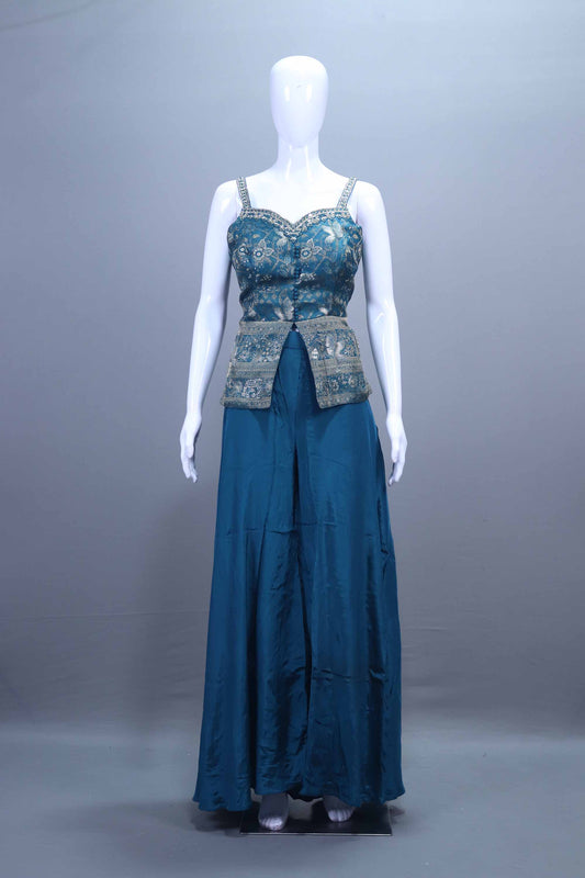 Teal Embroidered Crop Top, Palazzo Dupatta Set Festive Wear Outfit