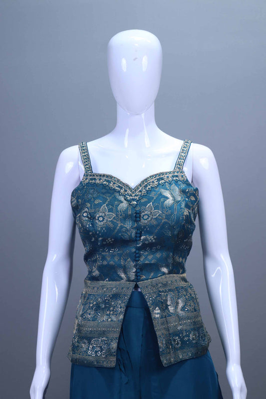Teal Embroidered Crop Top, Palazzo Dupatta Set Festive Wear Outfit