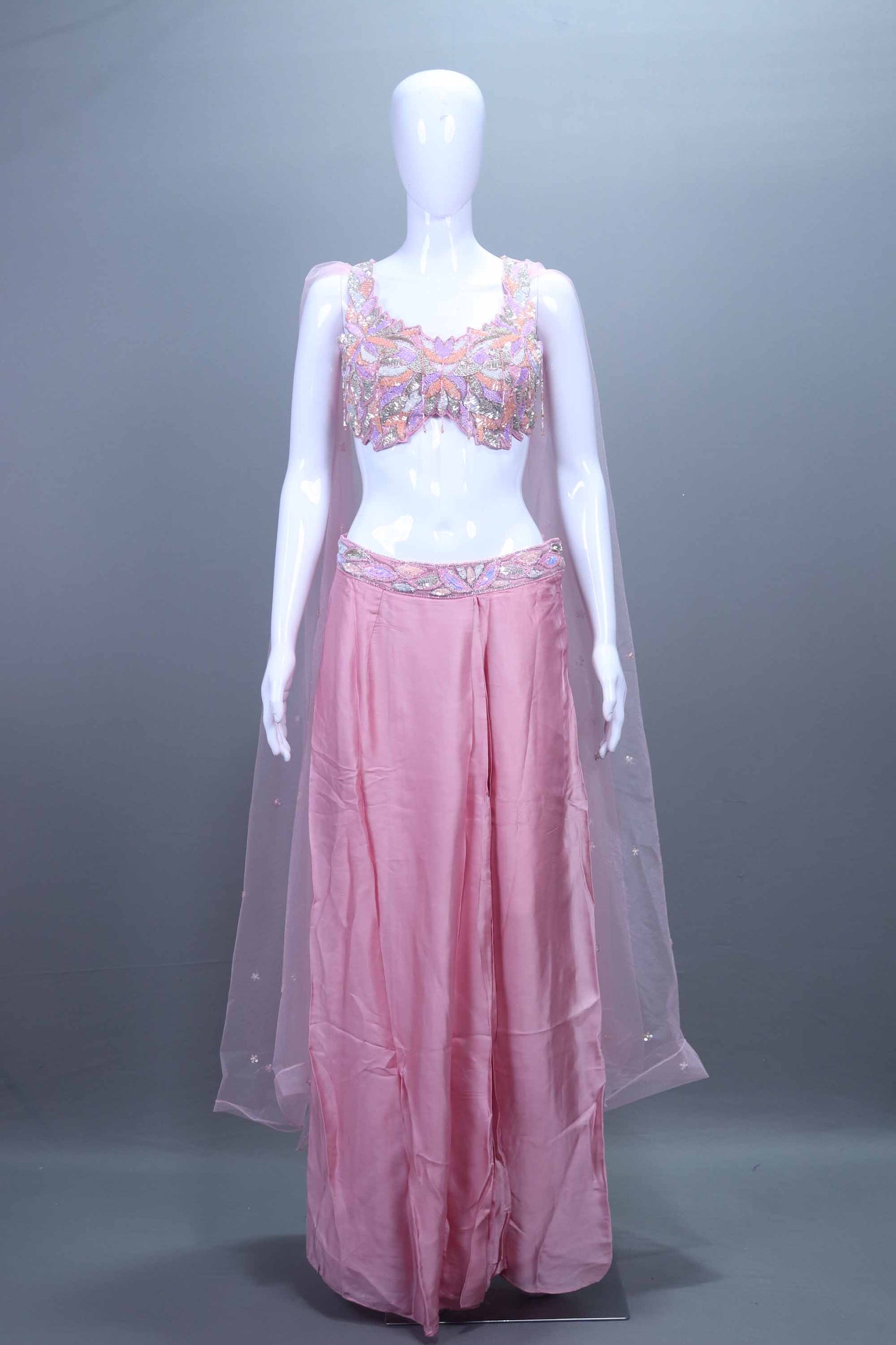  Pink Crop Top with Sharara and Net Dupatta Set  Party Indo-Western Outfit