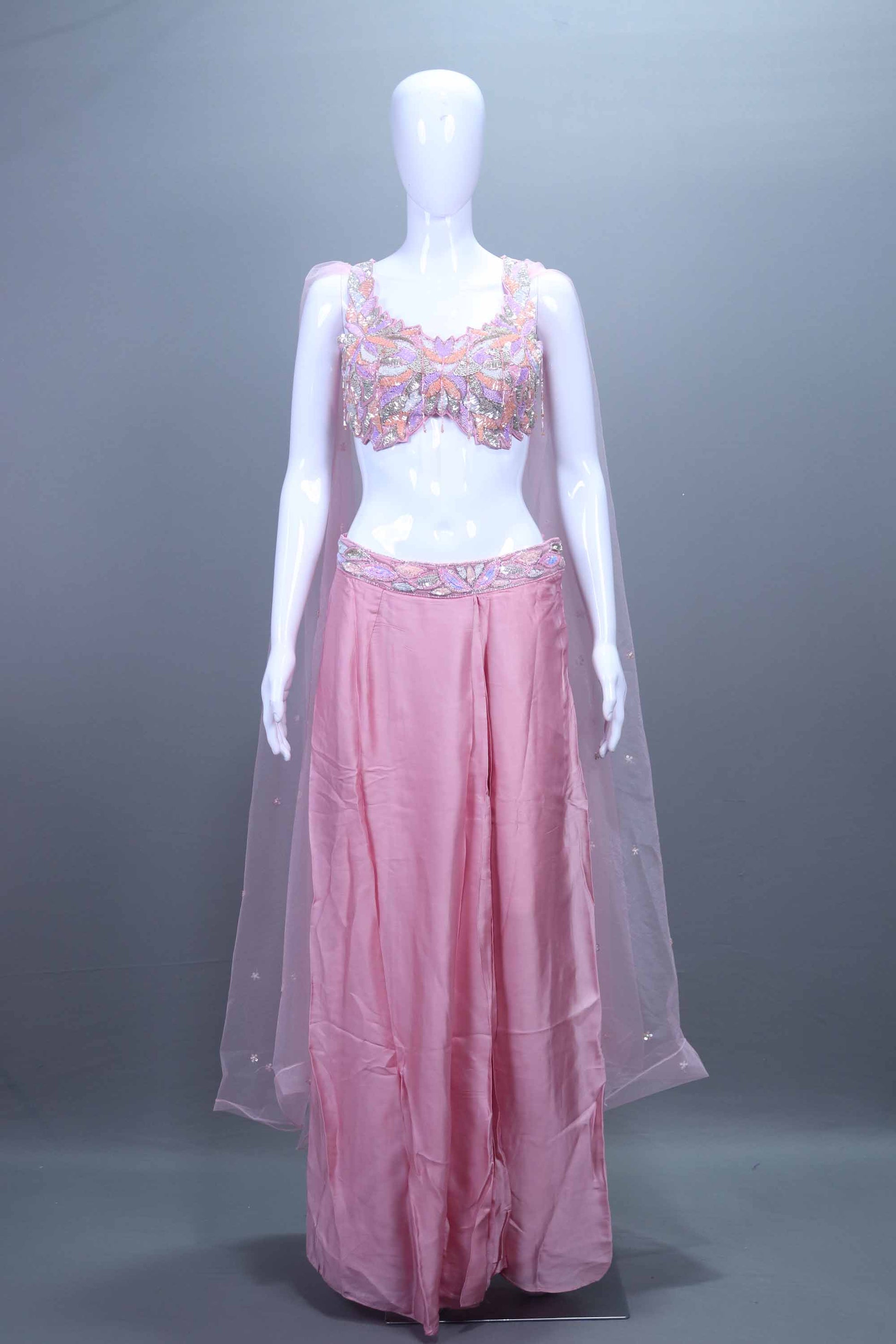  Pink Crop Top with Sharara and Net Dupatta Set  Party Indo-Western Outfit