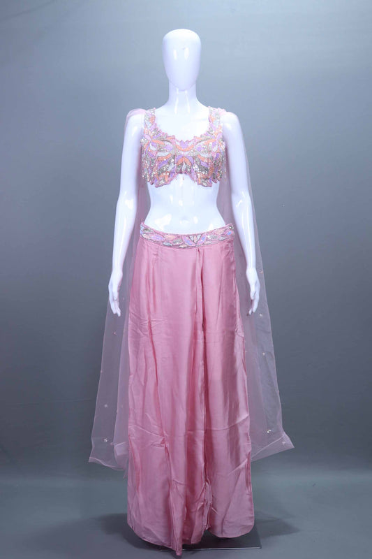  Pink Crop Top with Sharara and Net Dupatta Set  Party Indo-Western Outfit