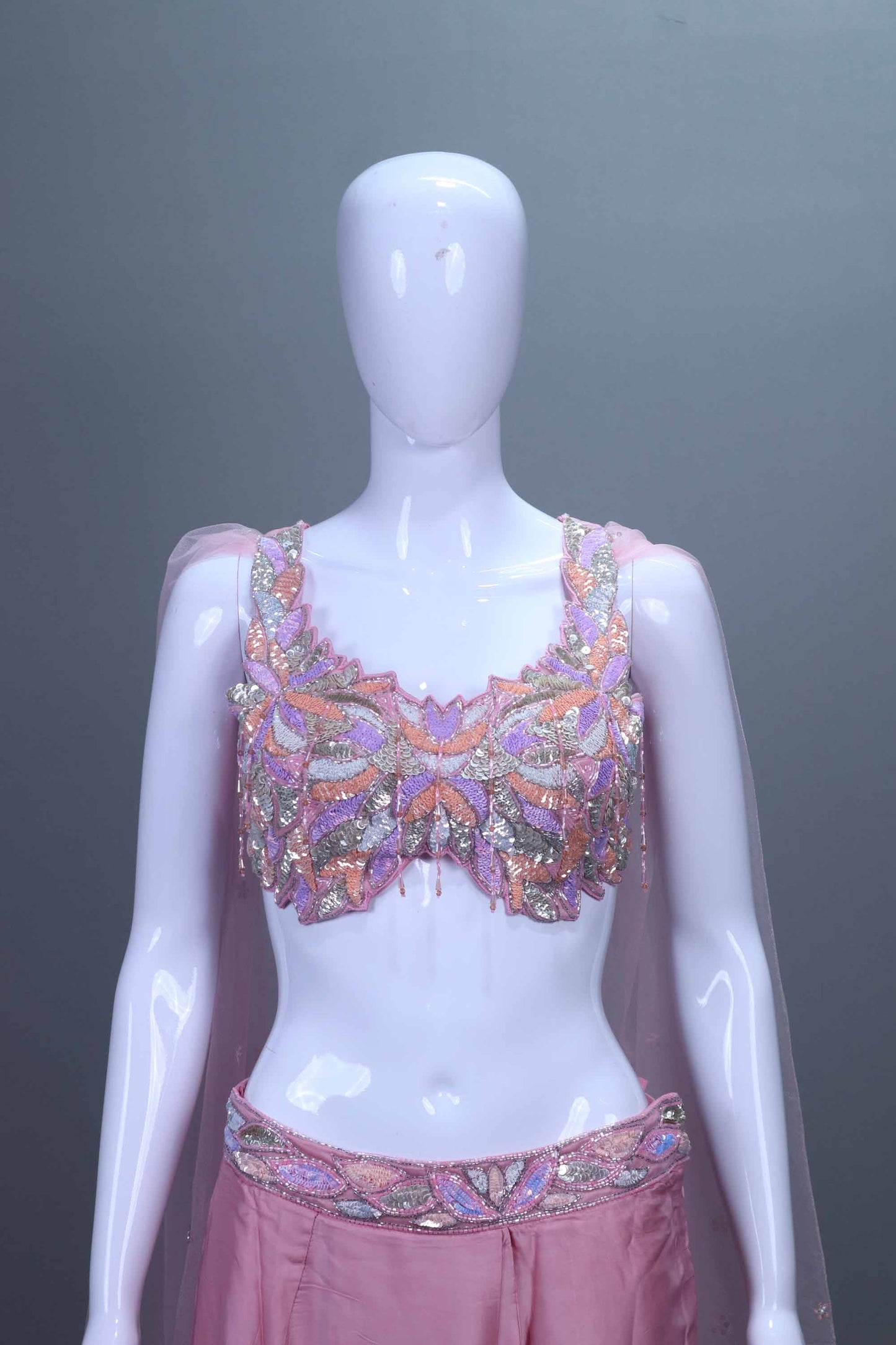 Pink Crop Top with Sharara and Net Dupatta Set  Party Indo-Western Outfit