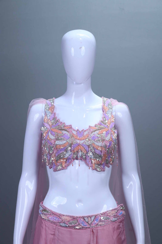 Pink Crop Top with Sharara and Net Dupatta Set  Party Indo-Western Outfit