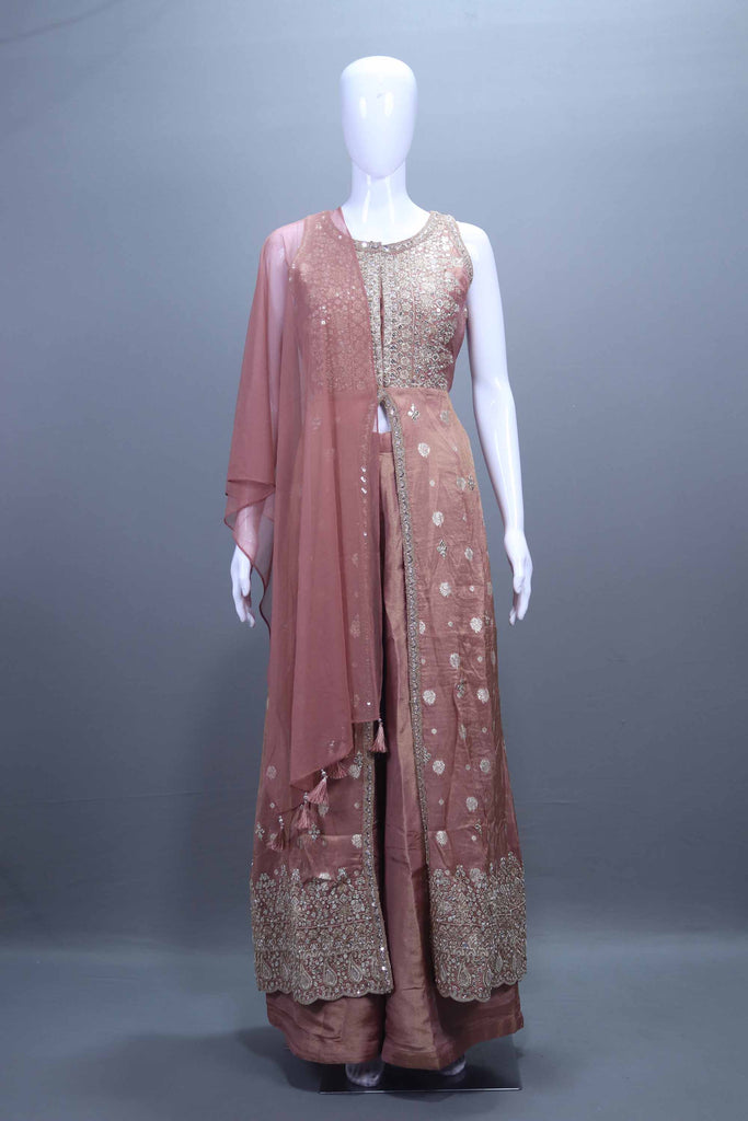 Dusty Rose Embroidered Silk Sharara Set with Long Jacket Dupatta 