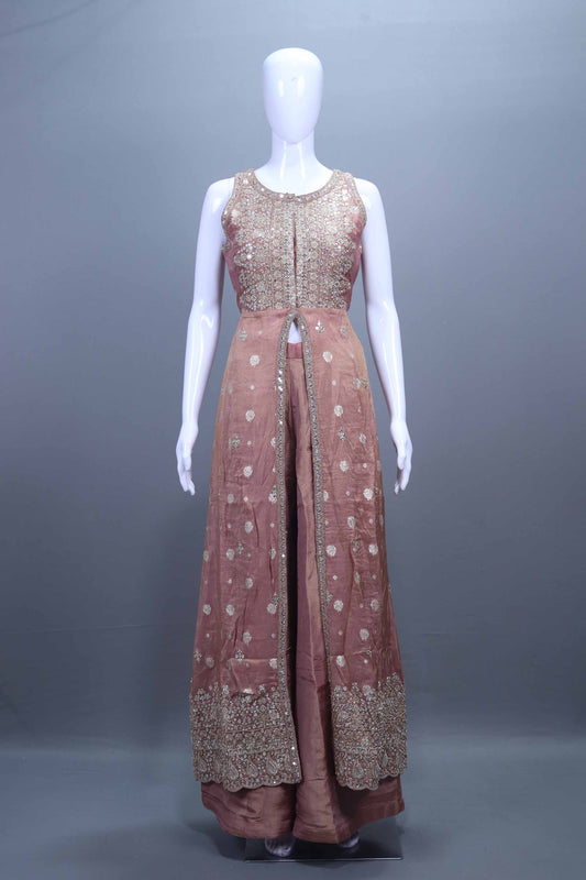 Dusty Rose Embroidered Silk Sharara Set with Long Jacket Dupatta