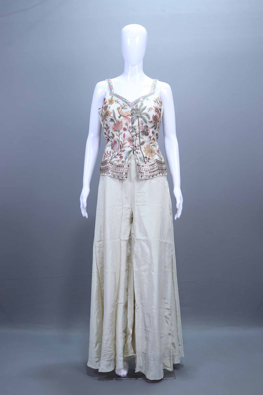 Ivory Silk Embroidered Lehenga Set with Floral Blouse Pink Dupatta