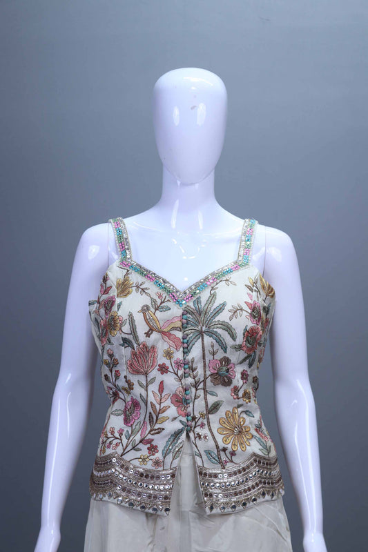 Ivory Silk Embroidered Lehenga Set with Floral Blouse Pink Dupatta