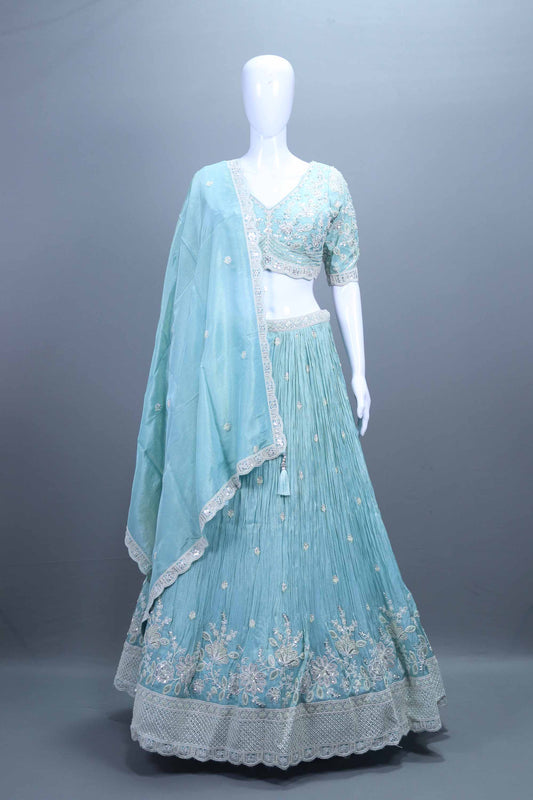 Pastel Aqua Heavy Embroidered Silk Lehenga Choli with Dupatta