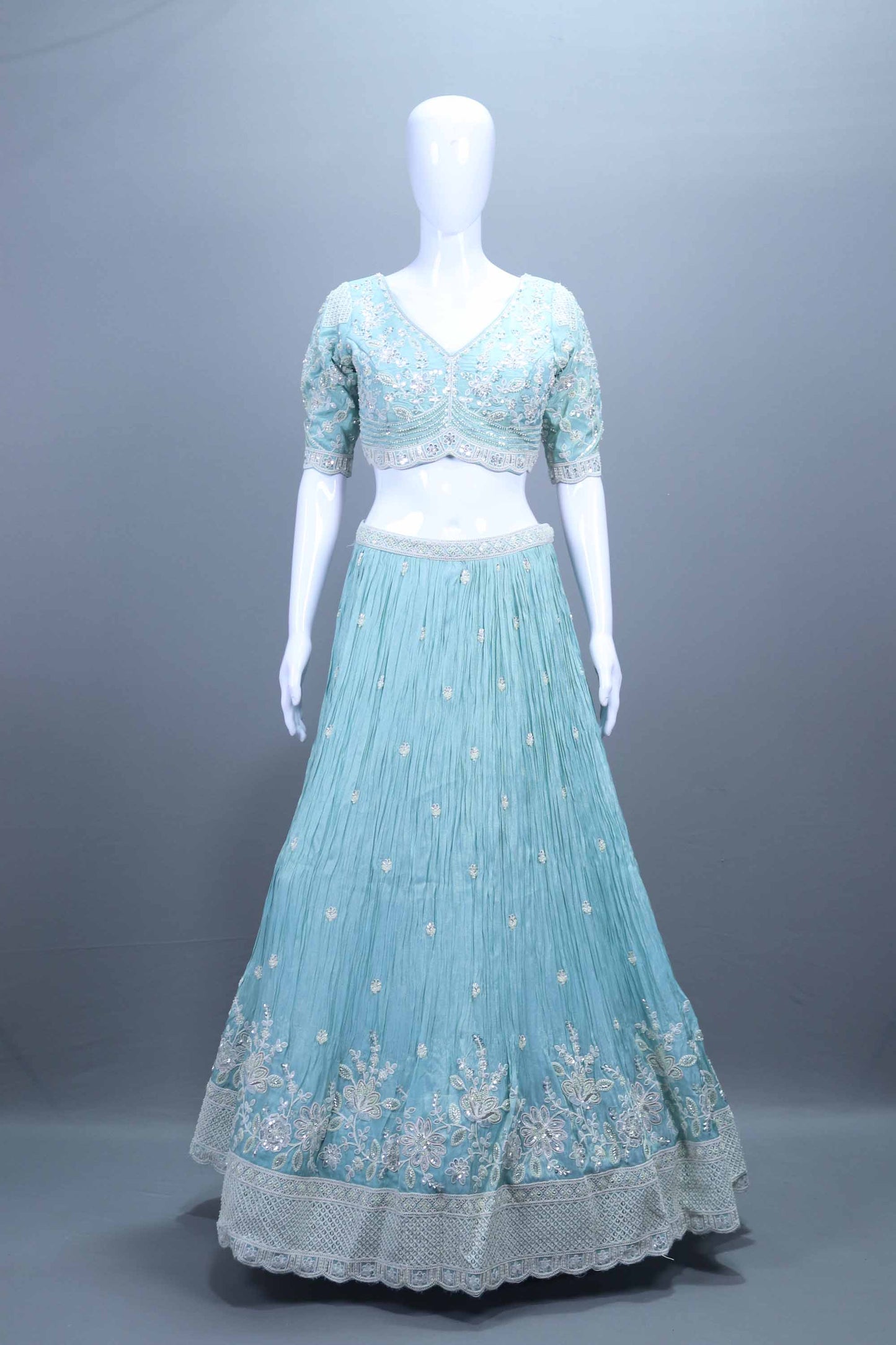 Pastel Aqua Heavy Embroidered Silk Lehenga Choli with Dupatta