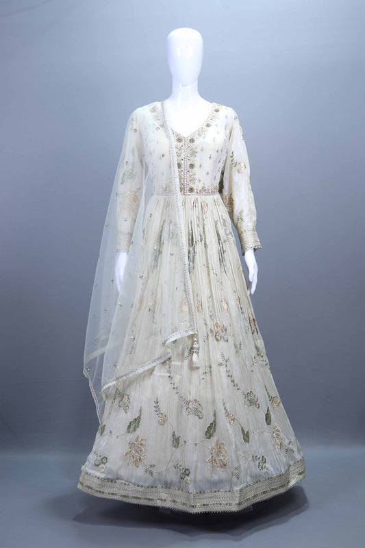 Elegant Off-White Embroidered Net Anarkali Gown with Dupatta