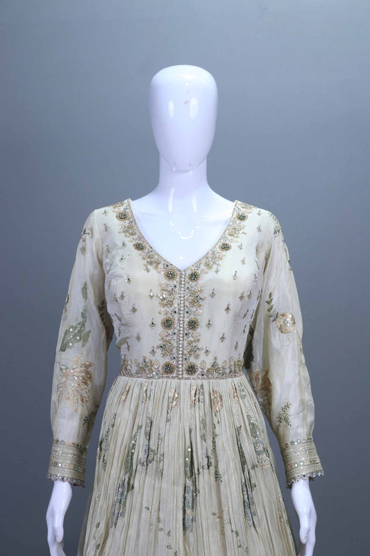 Elegant Off-White Embroidered Net Anarkali Gown with Dupatta