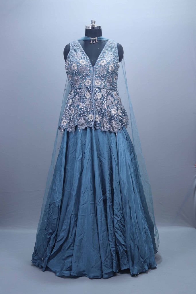 Dusty Blue Embellished Peplum Lehenga Set with Sequins and Net Dupatta