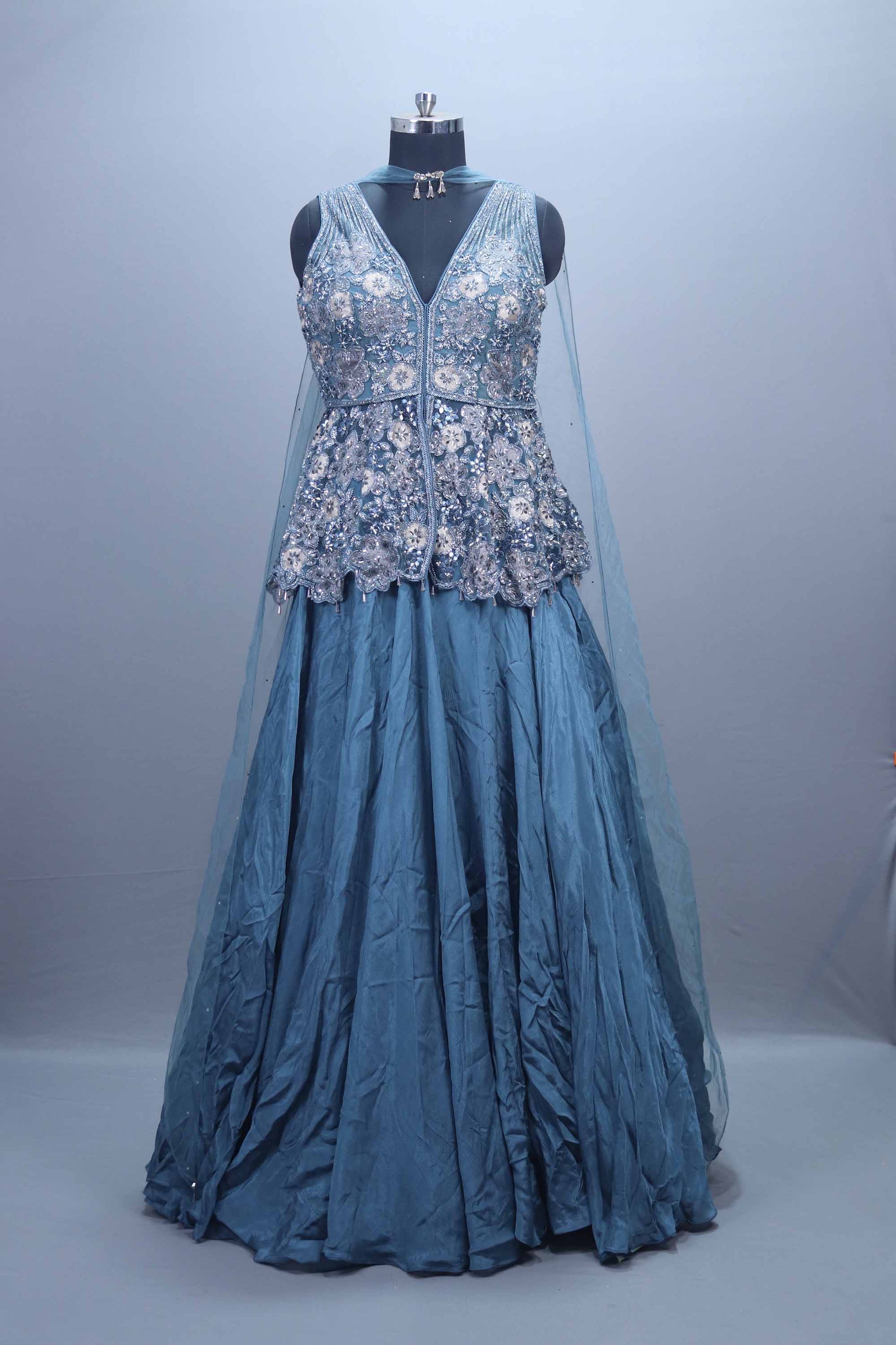 Dusty Blue Embellished Peplum Lehenga Set with Sequins and Net Dupatta