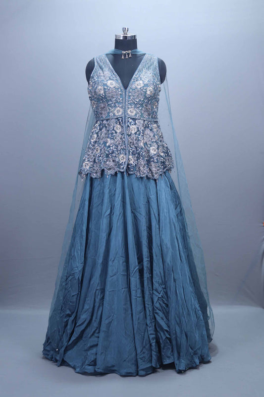 Dusty Blue Embellished Peplum Lehenga Set with Sequins and Net Dupatta