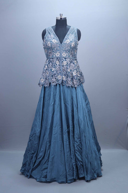 Dusty Blue Embellished Peplum Lehenga Set with Sequins and Net Dupatta