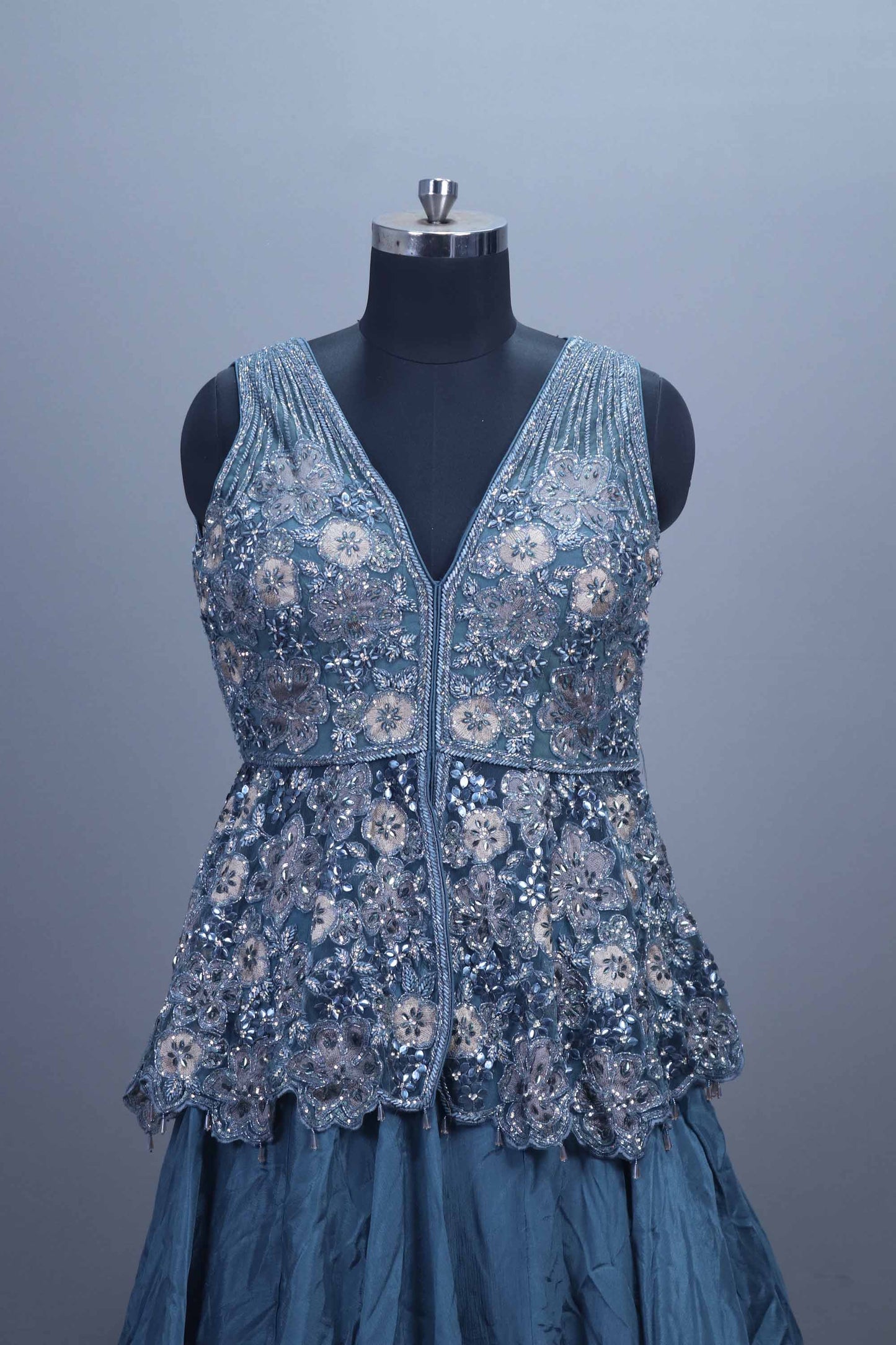 Dusty Blue Embellished Peplum Lehenga Set with Sequins and Net Dupatta