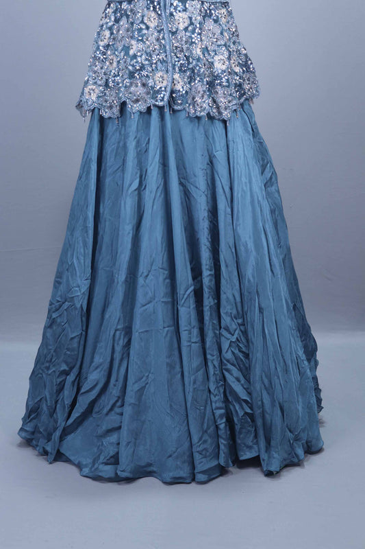 Dusty Blue Embellished Peplum Lehenga Set with Sequins and Net Dupatta