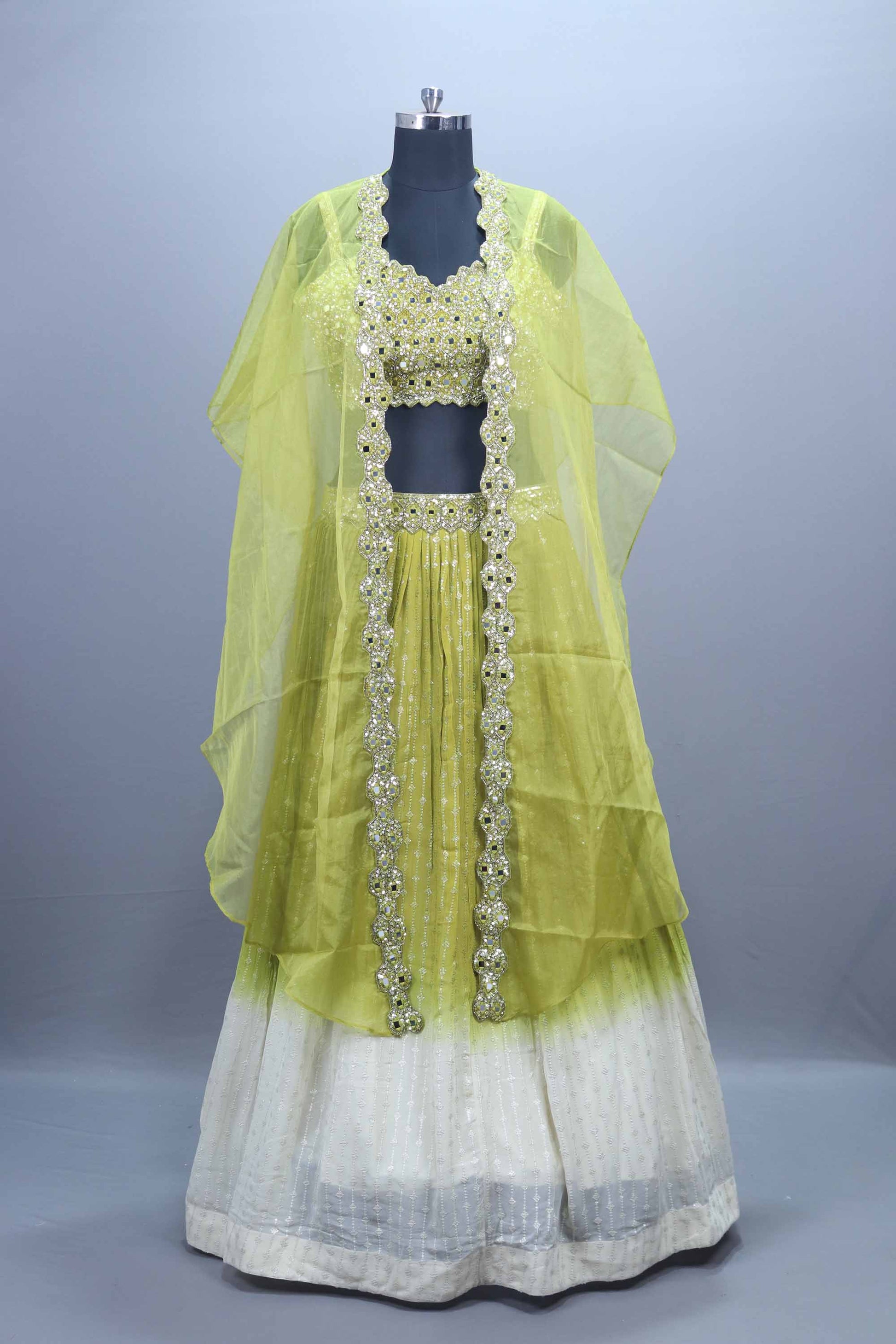 Lime Green Mirror Work Lehenga Choli with Embroidered Cape Festive Wear