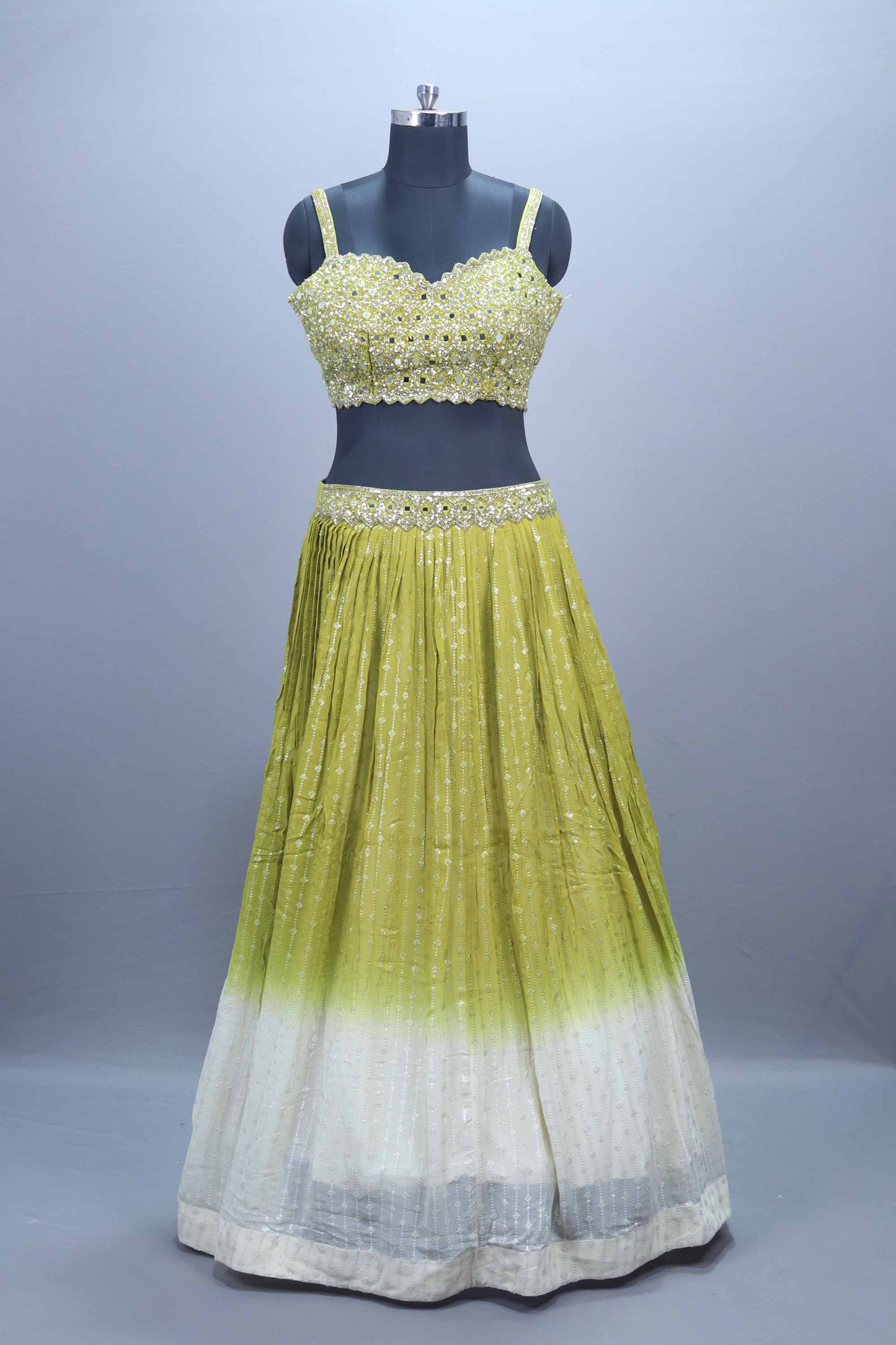 Lime Green Mirror Work Lehenga Choli with Embroidered Cape Festive Wear