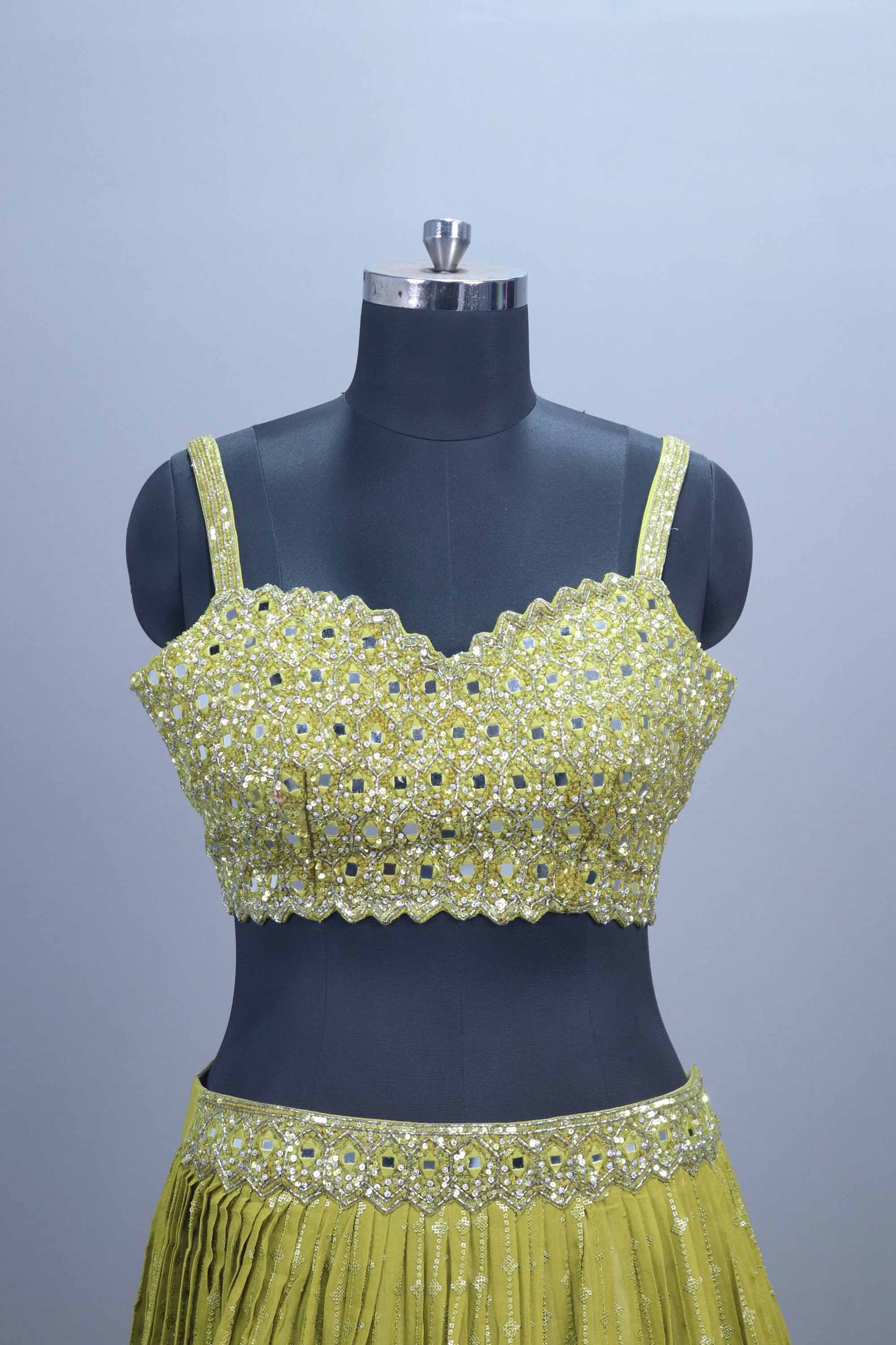 Lime Green Mirror Work Lehenga Choli with Embroidered Cape Festive Wear